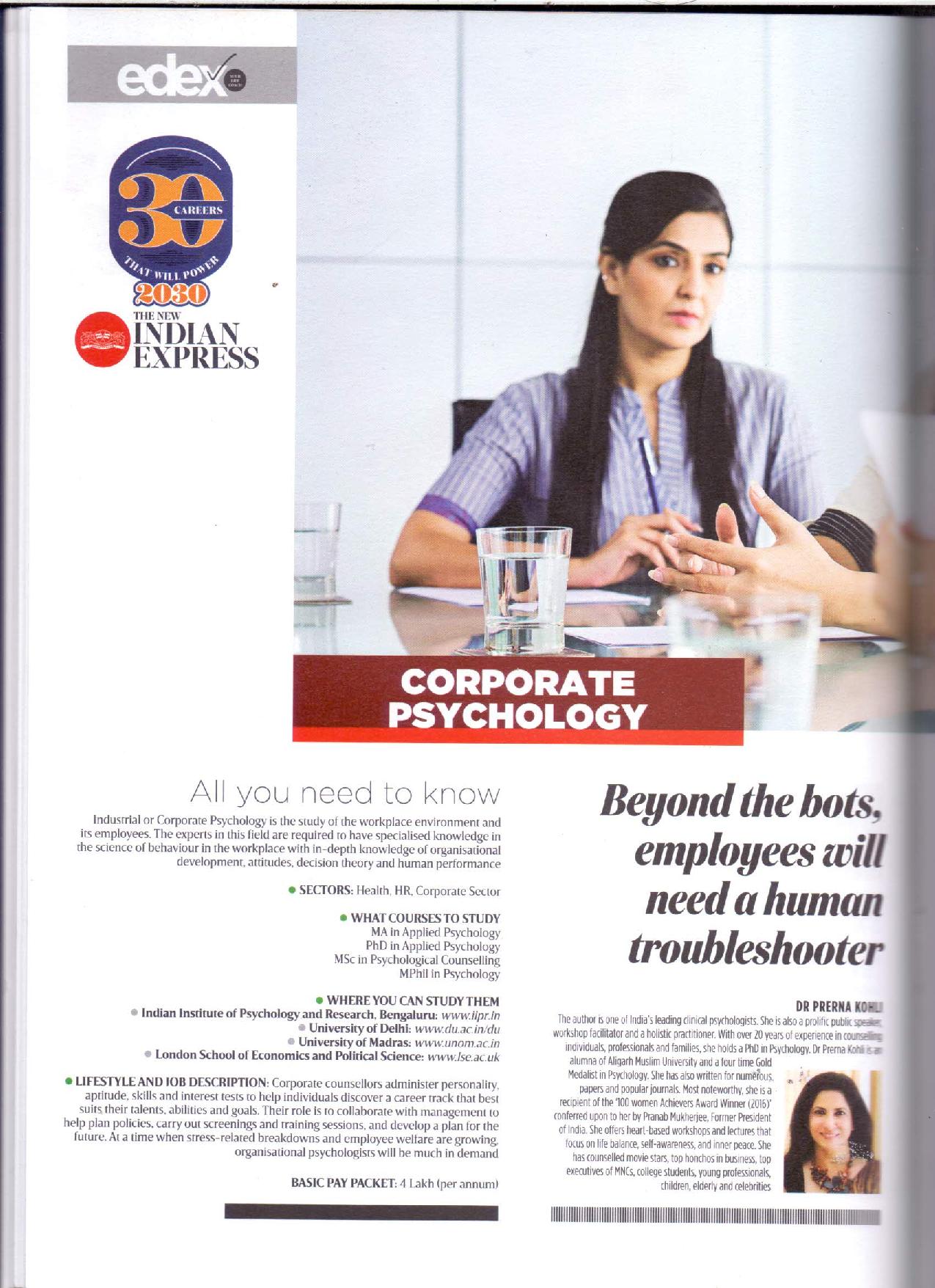 Dr Prerna Kohli India’s Top Psychologist in Indian Express Book: Corporate Psychology